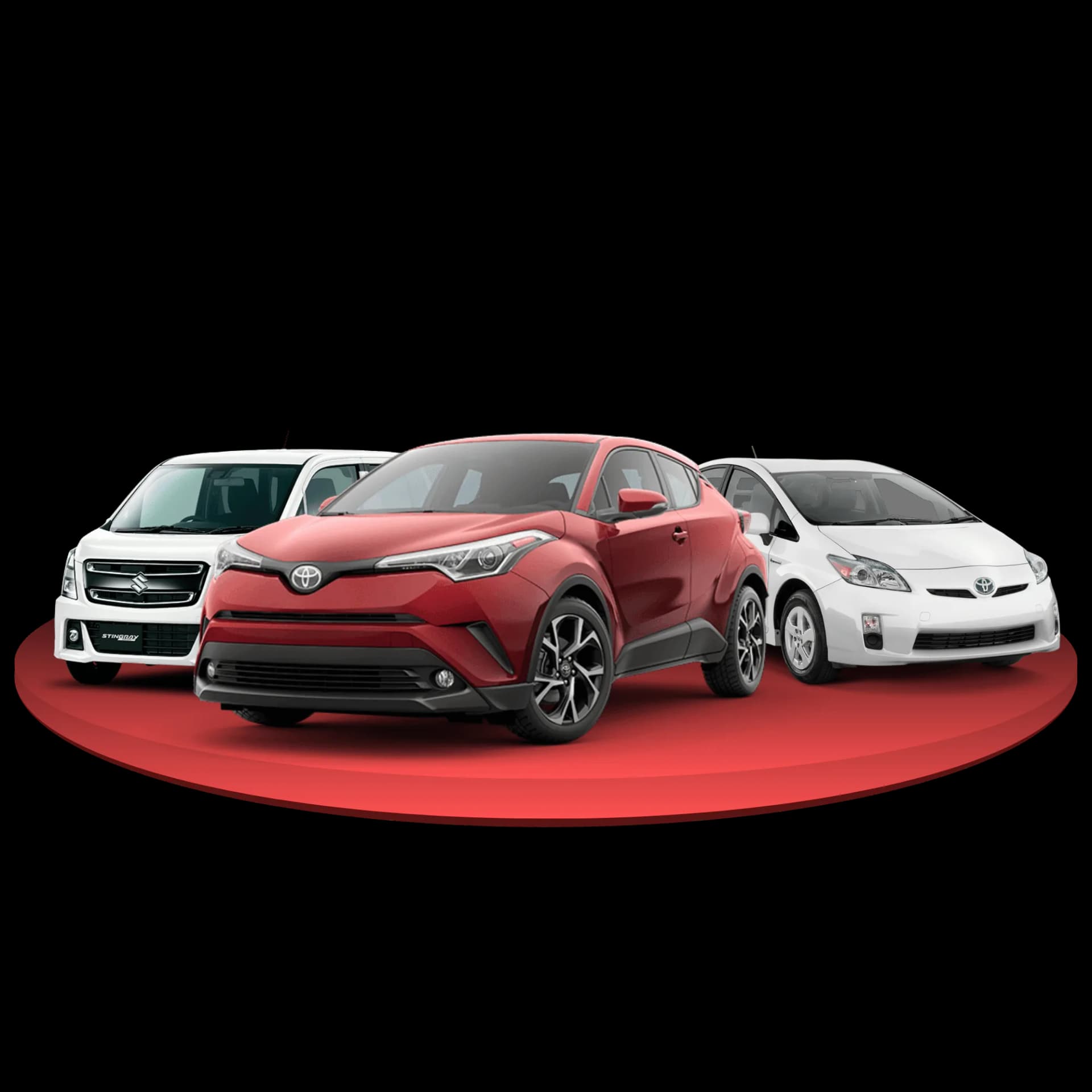Vehicles from the Extra Cabs and Rent a Cars fleet lined up on a red stage, led by a red Toyota C-HR with a Toyota Prius and a Suzuki Wagon R beside it